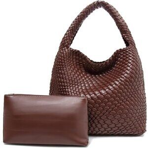Women Vegan Leather Woven Tote Bag Large Capacity Red-Brown Stylish Handbag